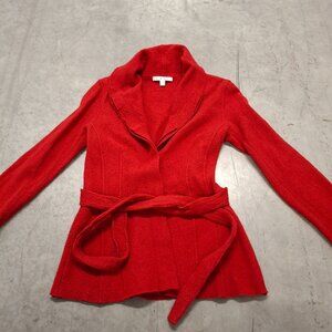 Cabi Red Shawl Collar Open Front Belted Knit Cardigan Merino Wool Sweater SM
